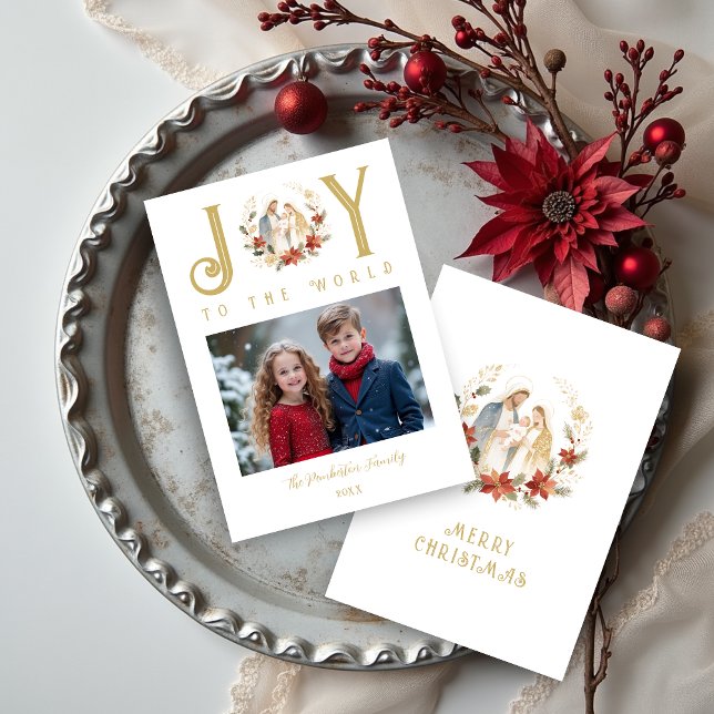 Refined Holy Nativity Joy To The World Quote Holiday Card (Refined Exquisite Holy Nativity Joy To The World Quote Christmas Holiday Cards with Family Photo.)