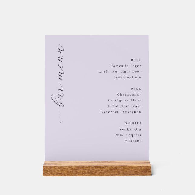 Refined Lavender Minimalist Bar Menu Acrylic Sign (Front)