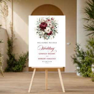 Refined Maroon Floral Eucalyptus Gold Welcome Sign