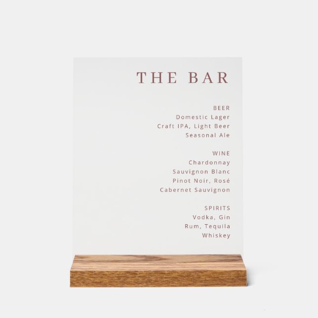 Refined Muted Brown Typographic Bar Menu Acrylic Sign (Front)
