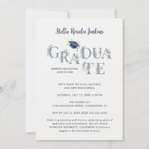 Refined Navy Blue Floral Botanical Photo Grad Invitation