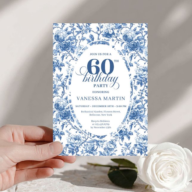 Refined Navy Roses Floral Toile 60th Birthday  Invitation (Refined Navy Roses Floral Toile 60th Birthday Invite)