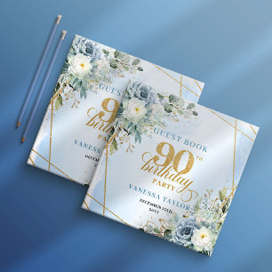 Refined Pastel Blue Gold 90th Birthday Sign In  Guest Book