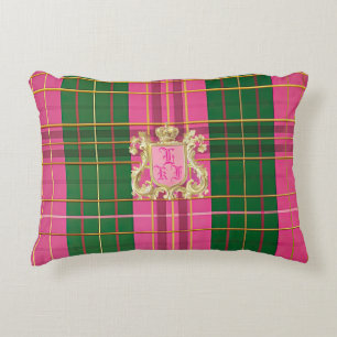 Refined Pink and Green Plaid Monogram  Decorative Cushion