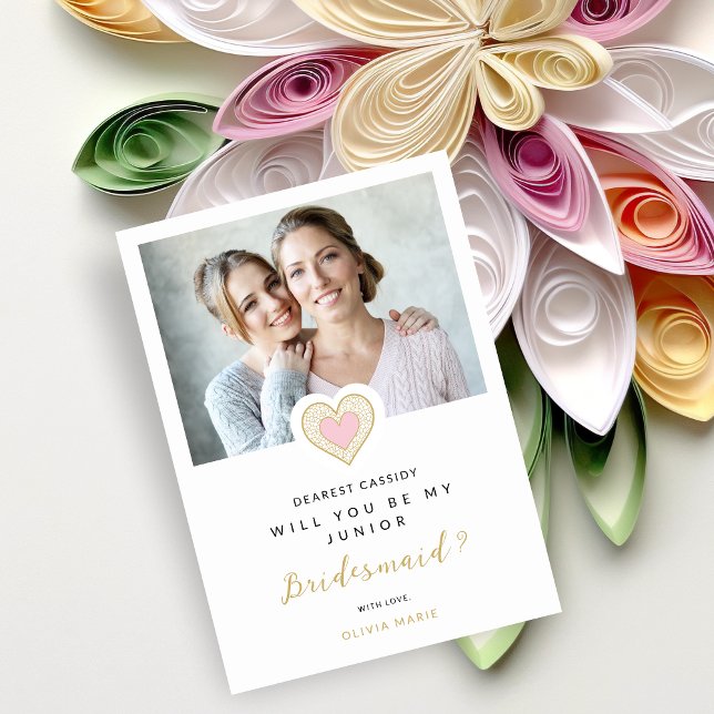 Refined Pink Lace Heart Photo Jr Bridesmaid Invitation (Romantic Refined Cute Pink Lace Heart Photo Jr Bridesmaid Proposal Card.)