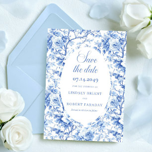 Refined Royal Blue Floral Save the Date Wedding Announcement