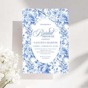 Refined Royal Blue Toile de Jouy Floral Bridal Invitation