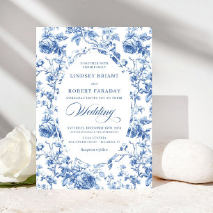 Refined Royal Blue Toile de Jouy Floral Wedding Invitation