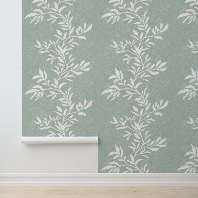 Refined Sage Green Botanical Leaf Vine Silhouette Wallpaper (Application)