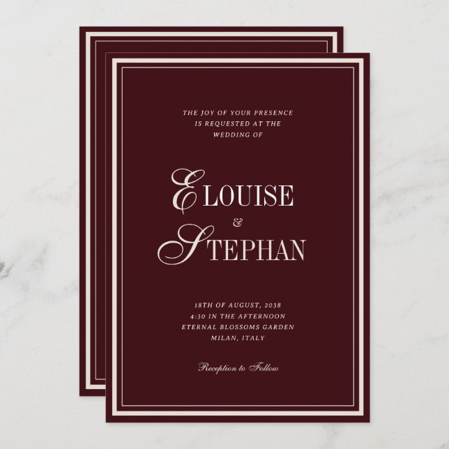 Refined Script Burgundy QR Code Details Wedding Invitation (Front/Back)