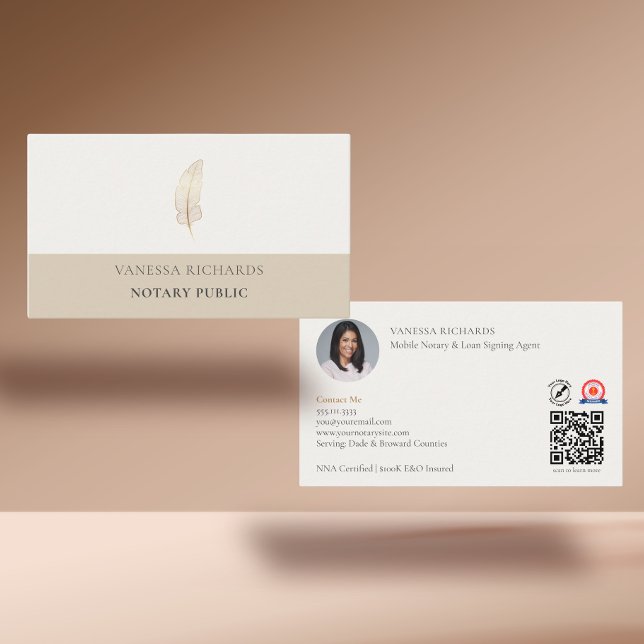 Refined Tan & Gold Feather Notary Photo QR Code Business Card (Creator Uploaded)