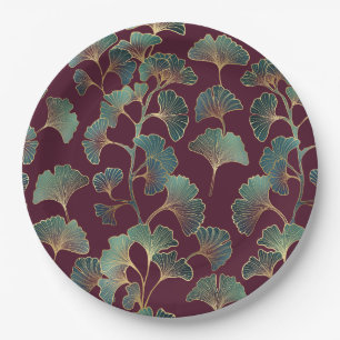 Refined Teal Ginkgo with Gold Accents Paper Plate