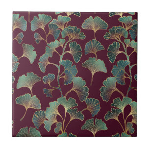 Refined Teal Ginkgo with Gold Accents Tile