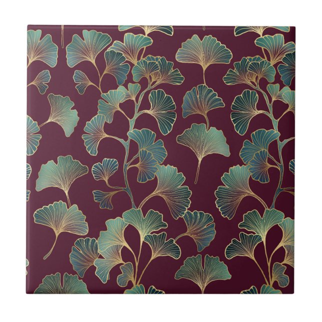 Refined Teal Ginkgo with Gold Accents Tile (Front)
