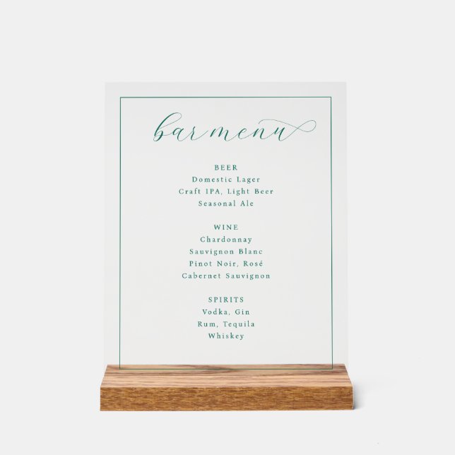 Refined Teal Typographic Bar Menu Acrylic Sign (Front)