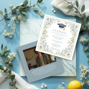 Refined Vintage 20s Blue Gold Photo Graduation Invitation
