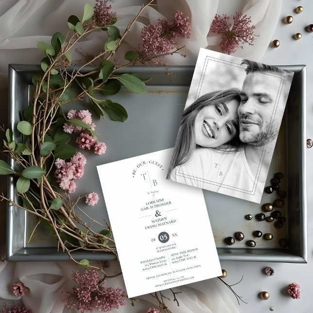 Refined Wedding Initials Back Photo Black & White  Invitation (Refined Wedding Invitation Cards with Initials and Back Photo in Black and White.)