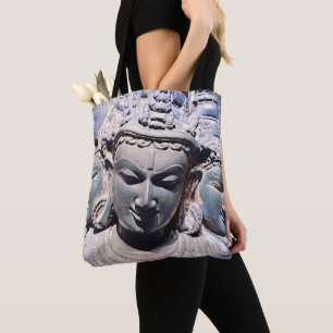 “Reflect” quote Asian stone faces statue photo Tote Bag