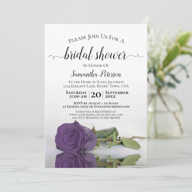 Reflecting Amethyst Purple Rose Bridal Shower Invitation (Standing Front)