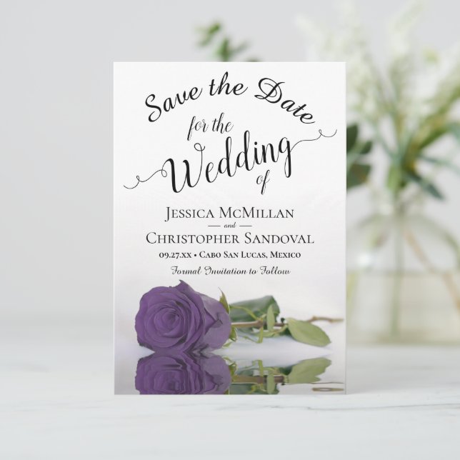Reflecting Amethyst Purple Rose Romantic Wedding Save The Date (Standing Front)