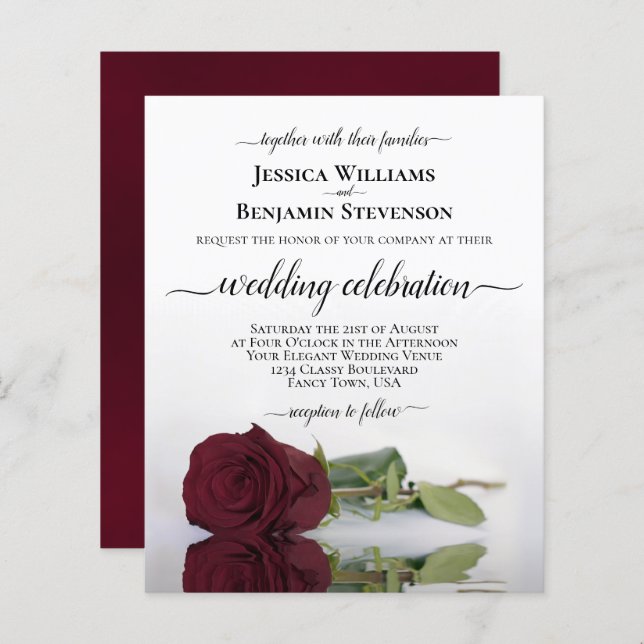 Reflecting Burgundy Rose BUDGET Wedding Invite (Front/Back)
