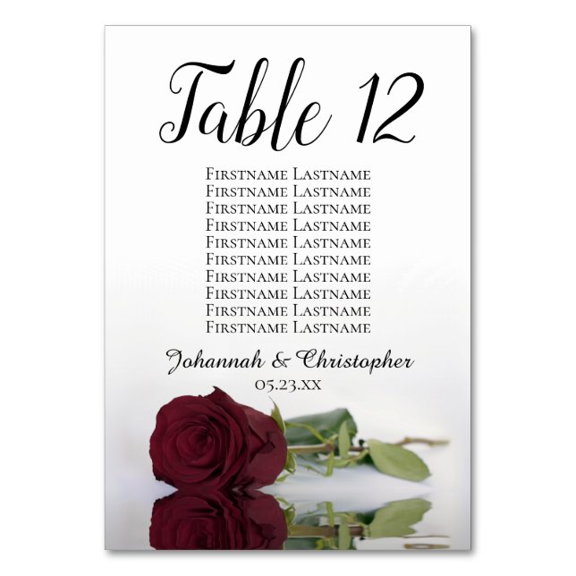 Reflecting Burgundy Rose Seating Chart Wedding Table Number (Front)