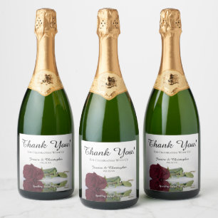 Reflecting Burgundy Rose Wedding Thank You Sparkling Wine Label