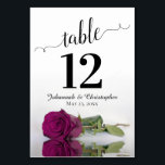 Reflecting Cassis Purple Rose Elegant Wedding Table Number<br><div class="desc">These beautiful table number cards will make it easy for your guests to find their seats at your wedding reception. Features a gorgeous design with lacy script calligraphy and a single cassis purple, magenta, or berry coloured rose lying on its side with ripples waves and reflections. There is space for...</div>