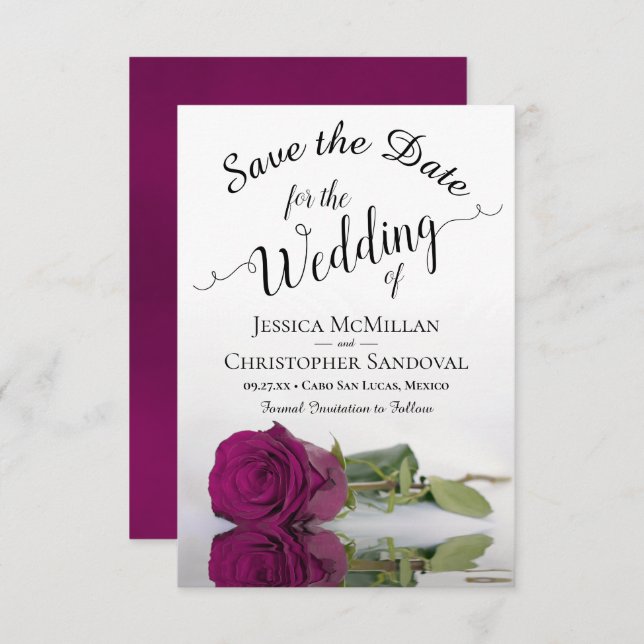 Reflecting Cassis Purple Rose Romantic Wedding Save The Date (Front/Back)
