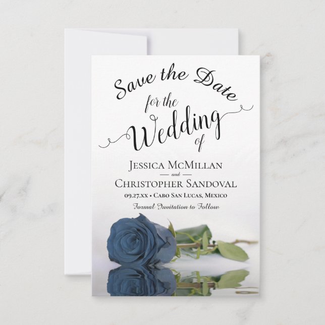 Reflecting Dusty Steel Blue Rose Romantic Wedding Save The Date (Front)