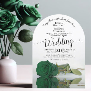 Reflecting Emerald Green Rose Elegant Arch Wedding Invitation