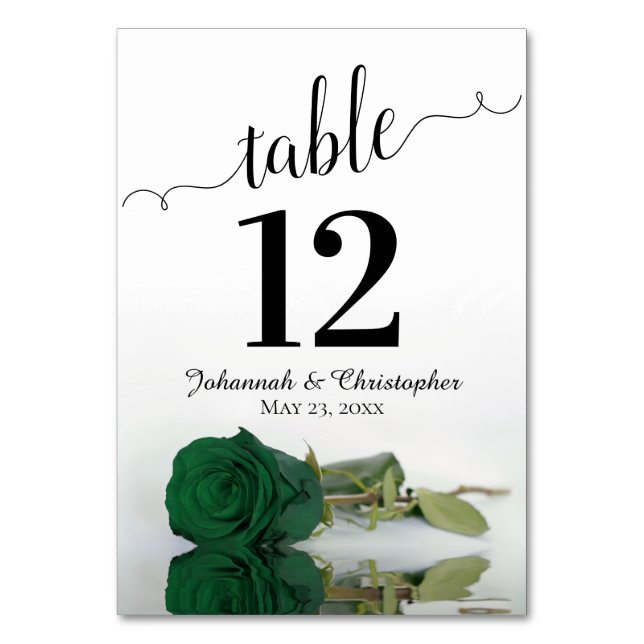 Reflecting Emerald Green Rose Elegant Wedding Table Number (Front)