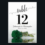 Reflecting Emerald Green Rose Elegant Wedding Table Number<br><div class="desc">These beautiful table number cards will make it easy for your guests to find their seats at your wedding reception. Features a gorgeous design with lacy script calligraphy and a single emerald green coloured rose lying on its side with ripples waves and reflections. There is space for the couple's names...</div>