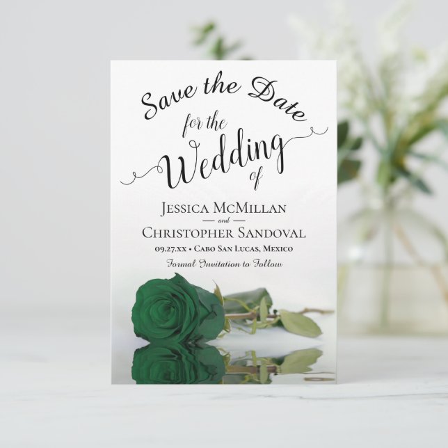 Reflecting Emerald Green Rose Romantic Wedding Save The Date (Standing Front)
