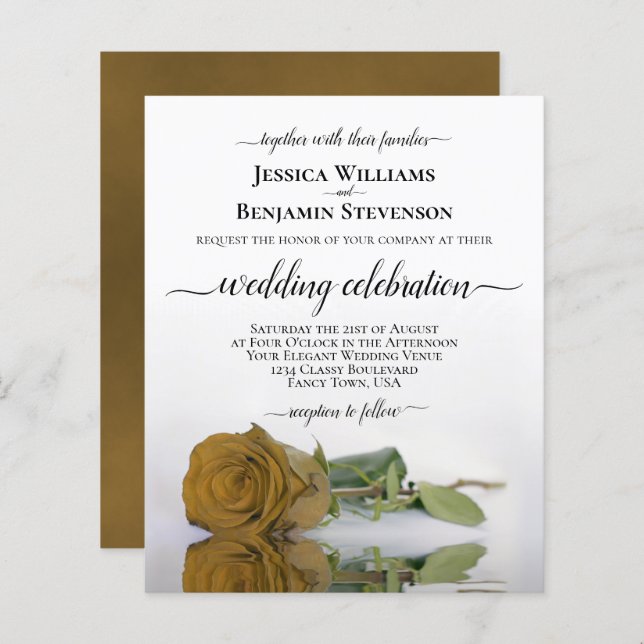 Reflecting Gold Ochre Rose BUDGET Wedding Invite (Front/Back)