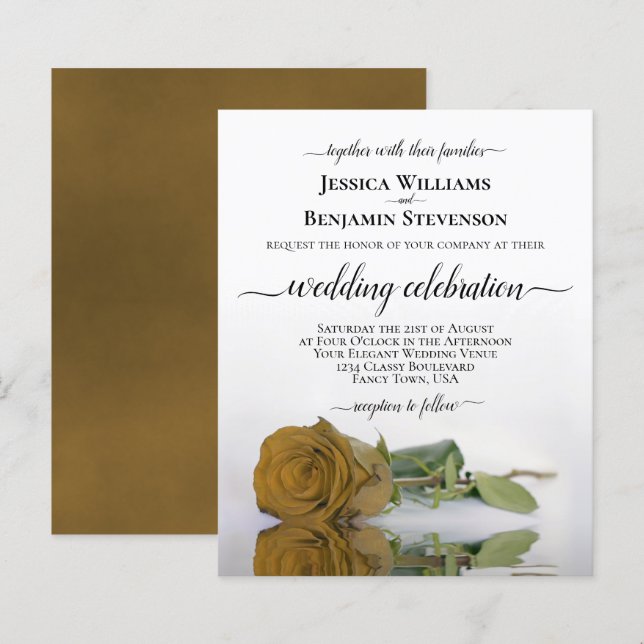 Reflecting Gold Ochre Rose BUDGET Wedding Invite (Front/Back)