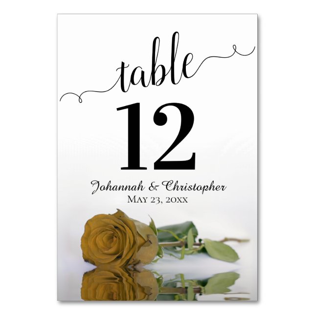 Reflecting Golden Ochre Rose Elegant Wedding Table Number (Front)