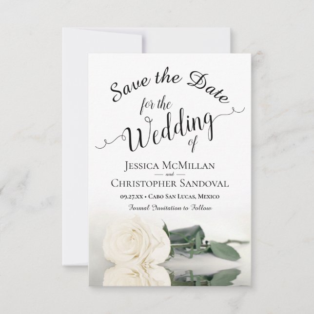 Reflecting Ivory White Rose Romantic Wedding Save The Date (Front)