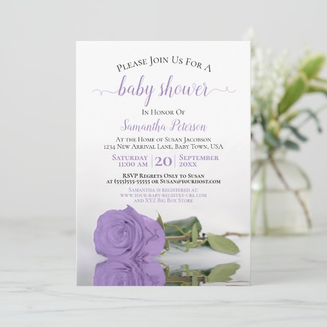 Reflecting Lavender Rose Elegant Baby Shower Invitation (Standing Front)