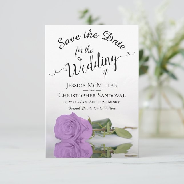 Reflecting Lilac Purple Rose Romantic Wedding Save The Date (Standing Front)