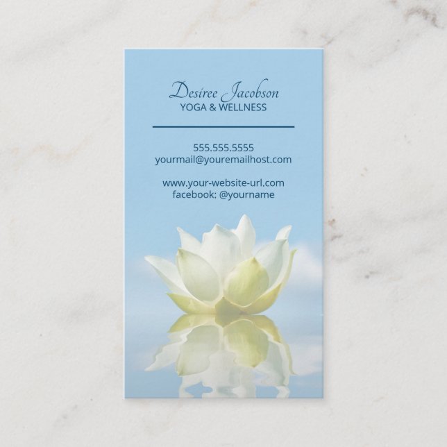 Reflecting Lotus Flower Yoga Instructor Light Blue Business Card (Front)