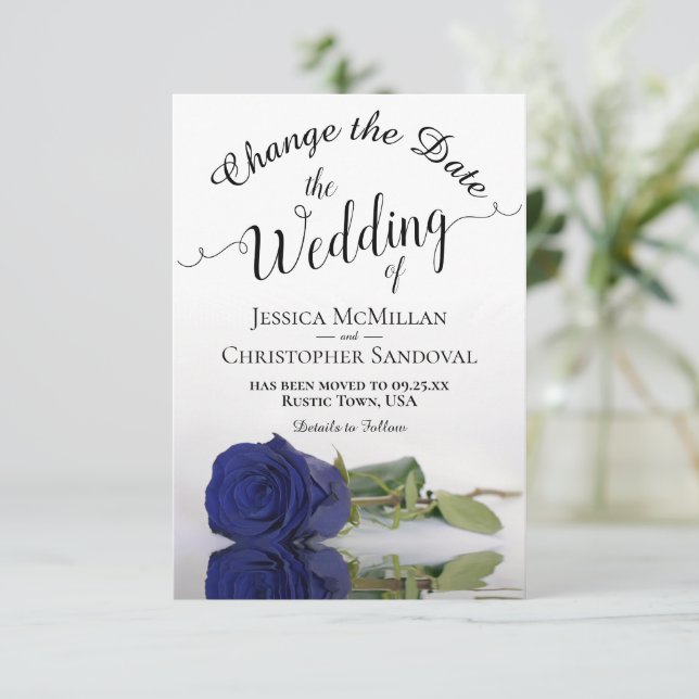 Reflecting Navy Blue Rose Change Wedding Plans Save The Date (Standing Front)