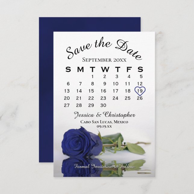 Reflecting Navy Blue Rose Elegant Wedding Calendar Save The Date (Front/Back)