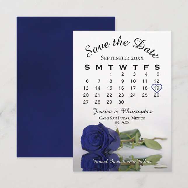 Reflecting Navy Blue Rose Elegant Wedding Calendar Save The Date (Front/Back)