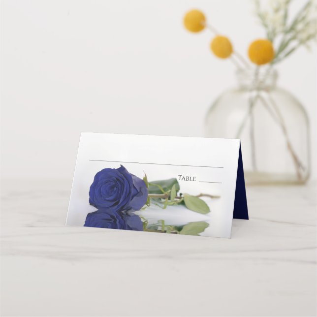 Reflecting Navy Blue Rose Wedding Write-In Place Card (Front)