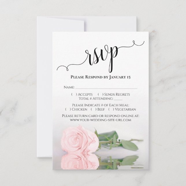 Reflecting Pale Blush Pink Rose Elegant Wedding RSVP Card (Front)