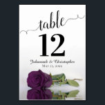 Reflecting Plum Purple Rose Elegant Wedding Table Number<br><div class="desc">These beautiful table number cards will make it easy for your guests to find their seats at your wedding reception. Features a gorgeous design with lacy script calligraphy and a single plum purple coloured rose lying on its side with ripples waves and reflections. There is space for the couple's names...</div>