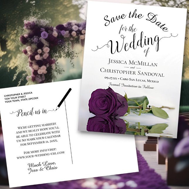 Reflecting Plum Purple Rose Wedding Save the Date Announcement Postcard (Creator Uploaded)