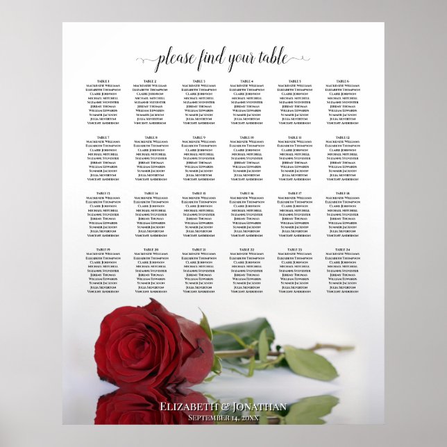 Reflecting Red Rose 24 Table Wedding Seating Chart (Front)