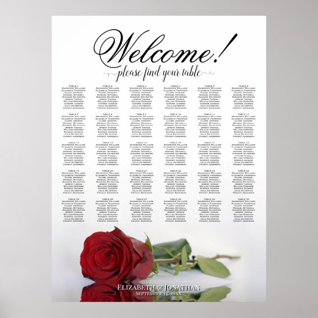 Reflecting Red Rose 30 Table Wedding Seating Chart (Front)